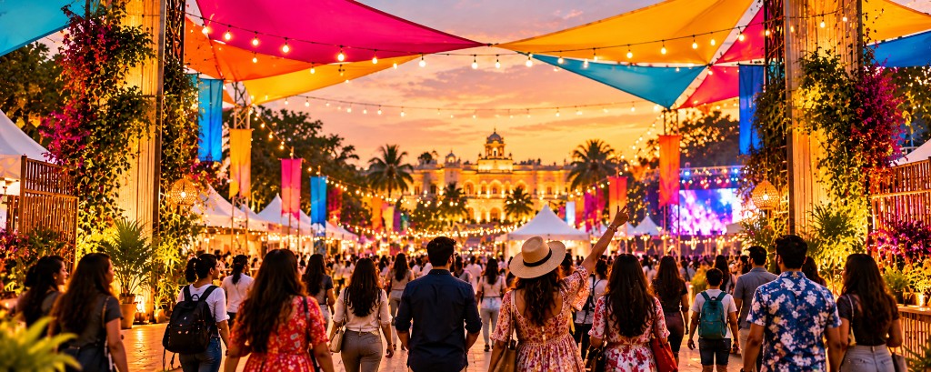 Illustrative festival entrance with coloured canopies leading toward a palace