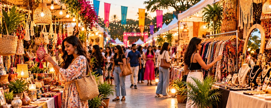 Illustrative evening market with fashion, jewellery and handmade goods
