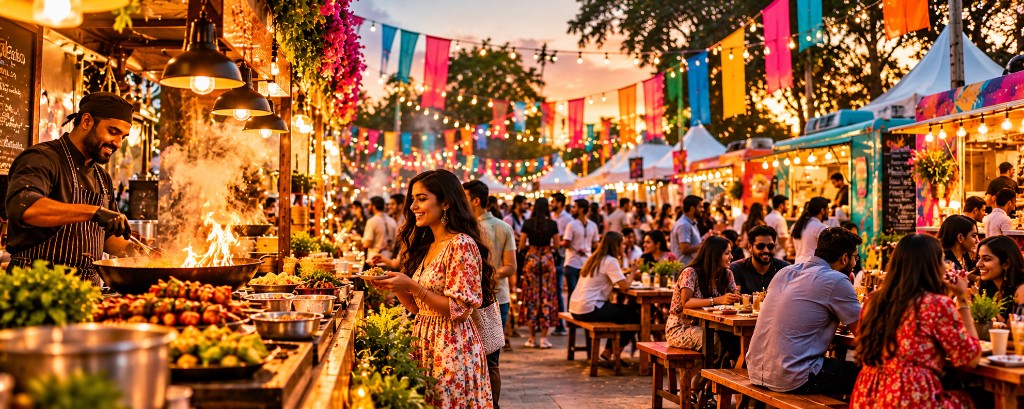 Illustrative outdoor food market at golden hour