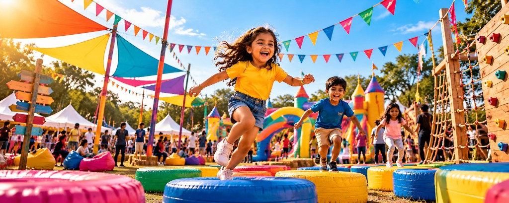 Illustrative children's activity zone with games, colour and open-air play