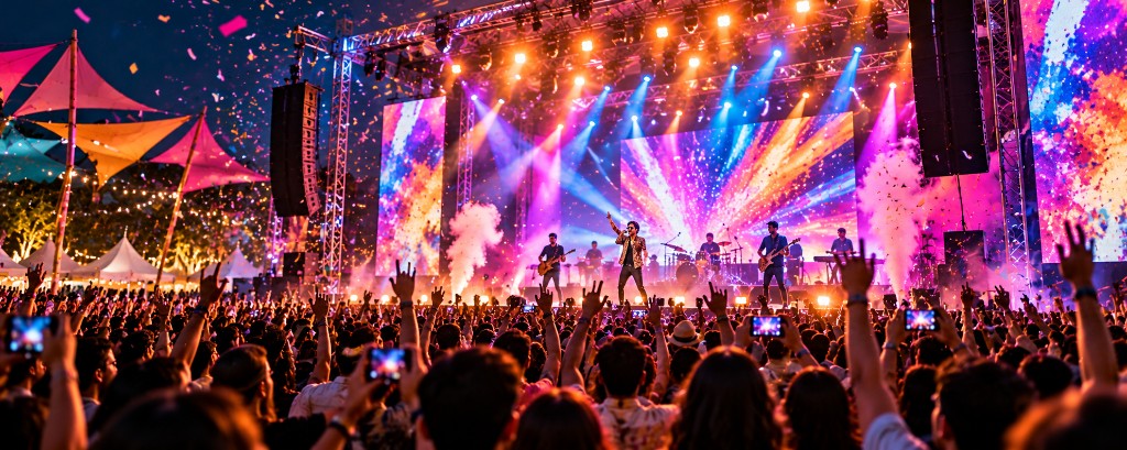 Illustrative night concert with stage lighting and a live performance